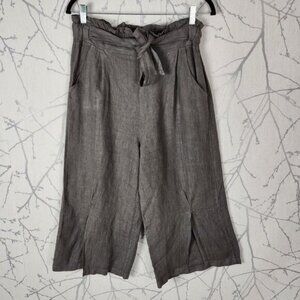 Alessia Pacini Gray 100% Linen Paperbag Wide Leg Slit Crop Pants